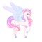 Beautiful winged unicorn with pink mane. Vector illustration.