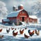 Beautiful Winter Barnyard Scene Red Barn Snow Chickens AI Generated