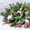 Beautiful winter bouquet of fresh Nobilis spruce, pine cones and cotton. Winter decor hand-made, work florist. Selective focus.