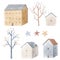 Beautiful winter composition with hand drawn watercolor cute houses. Stock illustration.