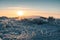 Beautiful winter in Iceland. Landscape covered under a fresh snow during the golden hour of sunset light. A breathtaking nature