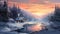 Beautiful Winter Landscape: Digital Painting Of Mountain Cabin In Tonalist Color Scheme
