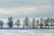 Beautiful winter landscape forest on the lake shore on a sunny frosty day. Panorama of the coastline covered with snow and birch