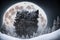 Beautiful winter landscape with giant Moon, AI generated