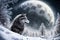 Beautiful winter landscape with giant wolf, warg Fenrir, AI generated