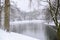 Beautiful winter landscape on the lake with snow covered trees