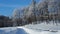 Beautiful winter landscape with lots of snow, path, trees in frost on a Sunny day