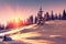 Beautiful winter landscape in mountains. View of snow-covered conifer trees and snowflakes at sunrise. Merry Christmas and happy