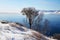 Beautiful winter landscape. The place where the Angara River flows out of Lake Baikal