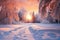 Beautiful winter landscape in the rays of sunset. Snowy road among trees