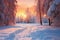 Beautiful winter landscape in the rays of sunset. Snowy road among trees