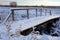 Beautiful winter landscape. Small wooden pedestrian bridge under the snow