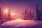 Beautiful winter landscape with snow covered trees and road. Christmas background. Generative AI