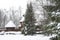 Beautiful winter landscape with snowy wooden rustic buildings and fir trees