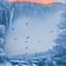 Beautiful winter landscape with a waterfall, sunrise, snowy trees in the background, haze, cliffs and flying birds. Generative AI