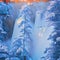 Beautiful winter landscape with a waterfall, sunrise, snowy trees in the background, haze, cliffs and flying birds. Generative AI