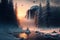 Beautiful winter landscape with a waterfall, sunrise, snowy trees in the background, haze, cliffs and flying birds. Generative AI