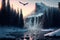 Beautiful winter landscape with a waterfall, sunrise, snowy trees in the background, haze, cliffs and flying birds. Generative AI