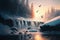 Beautiful winter landscape with a waterfall, sunrise, snowy trees in the background, haze, cliffs and flying birds. Generative AI