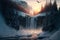 Beautiful winter landscape with a waterfall, sunrise, snowy trees in the background, haze, cliffs and flying birds. Generative AI