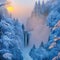 Beautiful winter landscape with a waterfall, sunrise, snowy trees in the background, haze and cliffs. Generative AI
