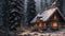 Beautiful winter landscape with wooden house in snowy forest. Digital painting, AI Generated