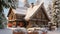 Beautiful winter landscape with wooden houses in the mountains. Christmas background, AI Generated