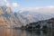 Beautiful winter Meditarranean landscape . Montenegro, view of Bay of Kotor, Lovcen mountain and Prcanj town