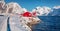 Beautiful winter scenery. Panoramic winter view of Hamnoy village, Lofoten Islands