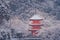 Beautiful winter seasonal of Red Pagoda at Kiyomizu-dera temple surrounded with trees covered white snow background at Kyoto.