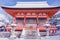 Beautiful winter seasonal of Red Pagoda at Kiyomizu-dera temple surrounded with trees covered white snow background at Kyoto.