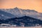 Beautiful winter snowy peak Krivan in High Tatras mountains at Slovakia. Colorful beautiful sky due sunrise