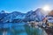 Beautiful winterlandscape of Hallstatt mountain village with Hallstatter lake in Austrian Alps