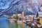 Beautiful winterlandscape of Hallstatt mountain village with Hallstatter lake in Austrian Alps