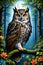A beautiful wise old owl in mystical forest, watches over the forest, tree, plants, flowers, painting art of animal creatures