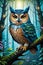 A beautiful wise old owl watches over the mystical forest, perched on a wood, with tree, plants amd flowers, animal art, painting