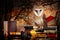 Beautiful wise owl on books in fantasy world