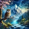 A beautiful wise owl on a branch of blossoms tree, with flower, mountain, behind a river, night, twinkling stars, painting art