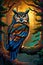 A beautiful wise owl perched on a branch of tree, watches over the mythical forest, night scene, painting art of William Harris