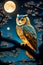 A beautiful wise owl stands on a spring tree, in a night of full moon, flower, beautiful, glow, paper_cut, t-shirt prints