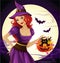 Beautiful witch hold a funny pumpkin