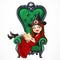 Beautiful witch in red dress sitting in armchair with high back