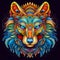 Beautiful wolf face ethnic tribal design. Swirling patterns in bright colours. Wild, dog or wolf totem