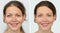 Beautiful woman before and after applying make-up, hairstyling and teeth whitening