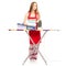 Beautiful woman in apron stack towels clean clothes ironing board iron