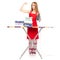 Beautiful woman in apron stack towels clean clothes ironing board iron