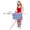 Beautiful woman in apron stack towels clean ironing board iron