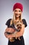 Beautiful woman with autumn fashion, holding yorkshire terrier dog