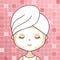 Beautiful woman in bathroom with head towel making cosmetic procedures. Facial mask, face wash. Young girl portrait. Cartoon chara