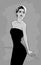 Beautiful woman in black dress with mysteriously looks. Vector. Cartoon style.